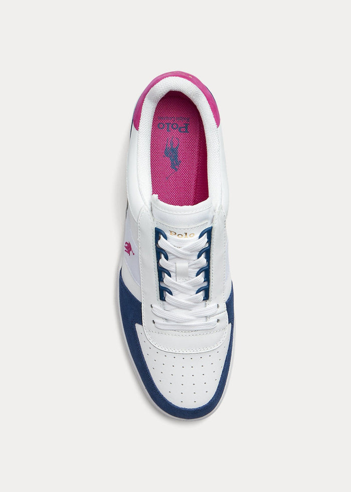 Polo Ralph Lauren Court PP shoes in white, navy, and pink with perforated toe box and branded pink insole, top view.