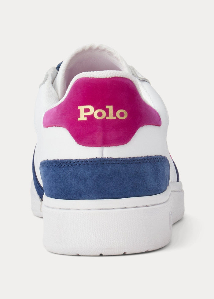 Polo Ralph Lauren Court PP sneakers back view showcasing white leather upper, pink heel tab with gold logo, and blue suede accents.