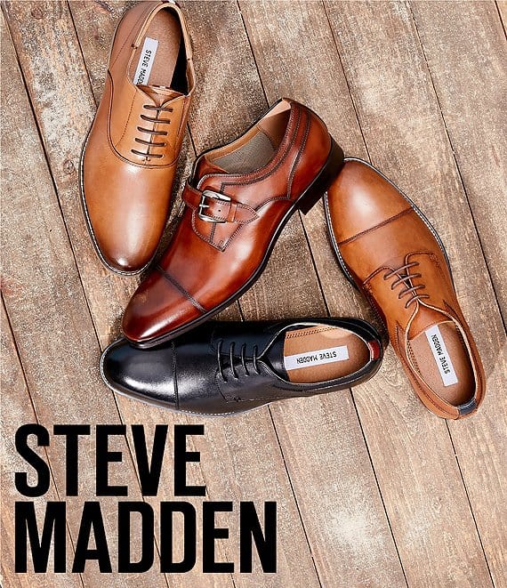 Steve Madden Covet dress shoes in black, tan, and brown leather with sleek cap-toe and lace or buckle closures, top view.