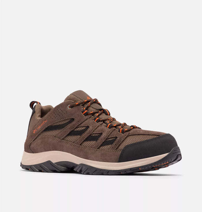 Columbia Crestwood Low hiking shoes in brown suede with mesh panels, black toe cap, and orange accents, side view.