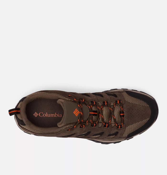 Columbia Crestwood Low hiking shoes in brown with orange accents and textured mesh upper, top view showing lace-up design.