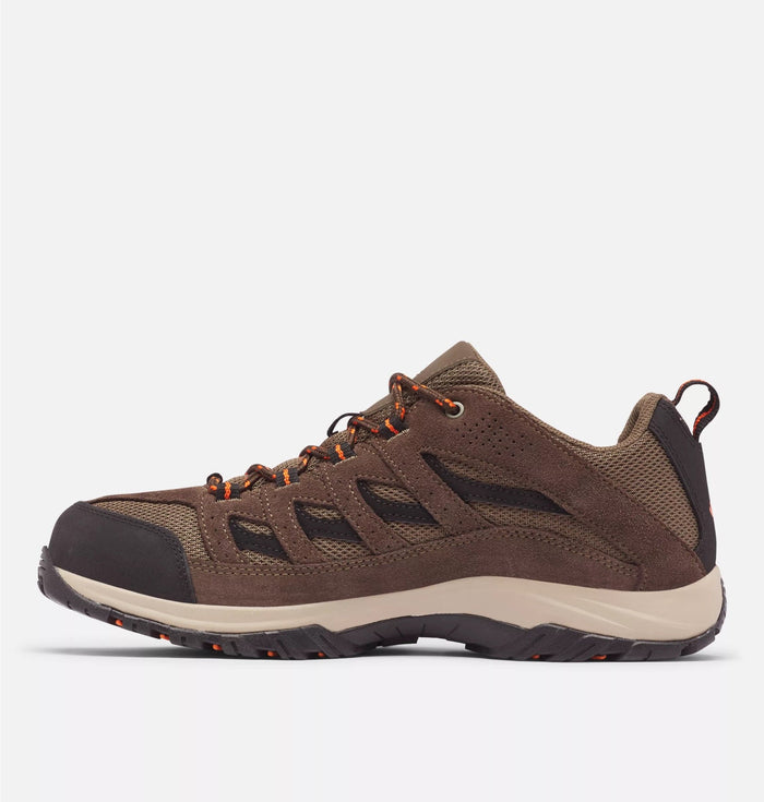 Columbia Crestwood Low hiking shoes, suede and mesh upper in brown with orange accents, side profile view.
