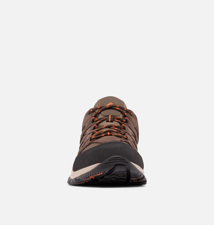 Columbia Crestwood Low hiking shoes front view in brown with orange laces, mesh upper, and durable rubber toe cap.