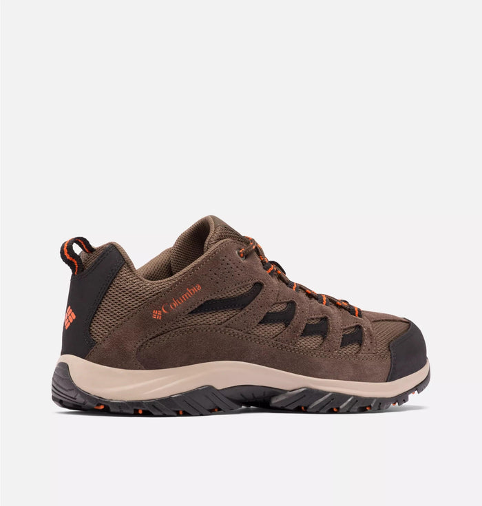 Columbia Crestwood Low hiking shoes in brown with suede and mesh upper, orange accents, and rugged rubber outsole, side view.
