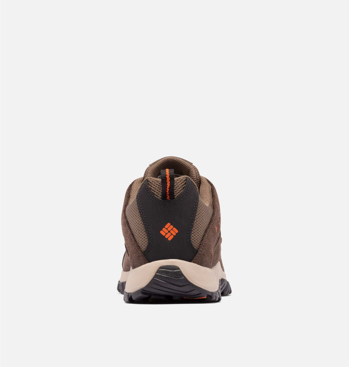Columbia Crestwood Low hiking shoes back view showcasing heel design, brown mesh upper, and orange logo detailing.