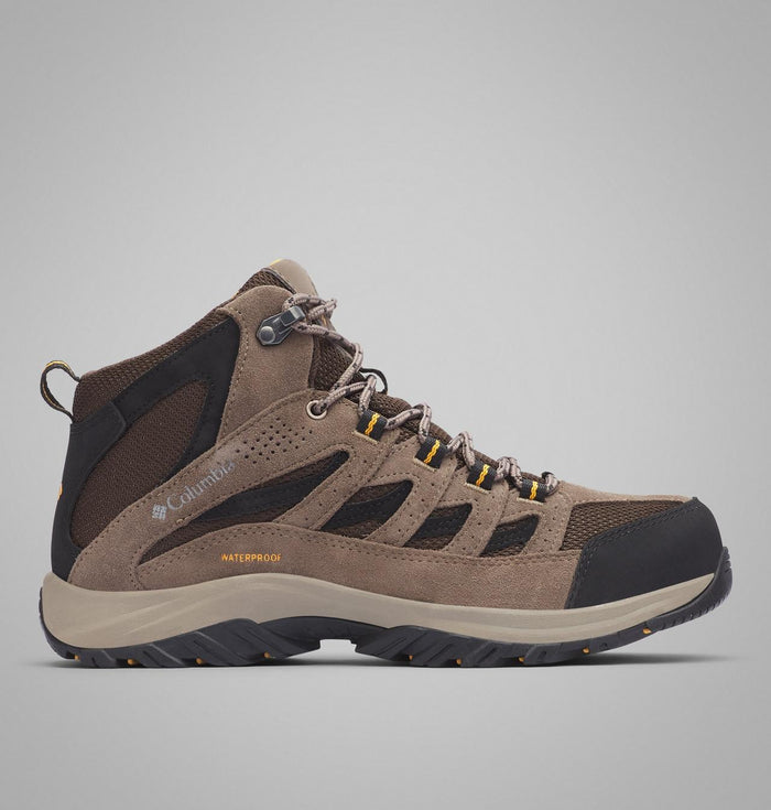 Columbia Crestwood Mid Waterproof hiking boots in brown suede and mesh with black overlays, visible side view.
