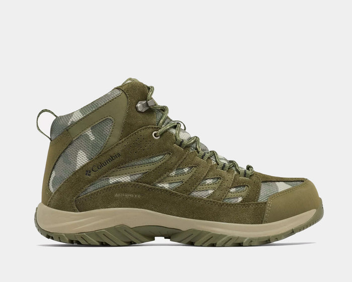 Columbia Crestwood Mid Waterproof hiking boots in olive green with suede overlays, mesh panels, and sturdy sole, side view.