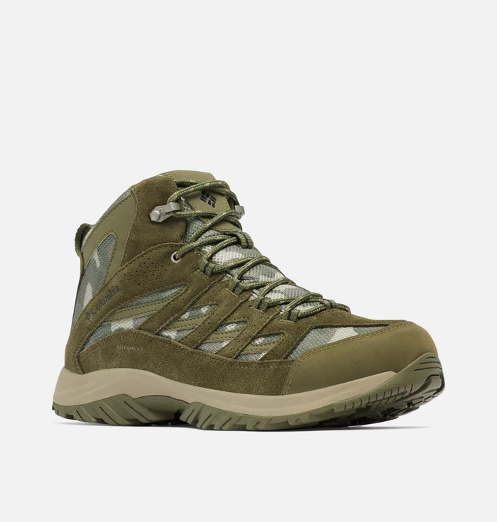 Columbia Crestwood Mid Waterproof hiking boots in olive green and tan with suede and mesh upper, durable rubber outsole, side view.