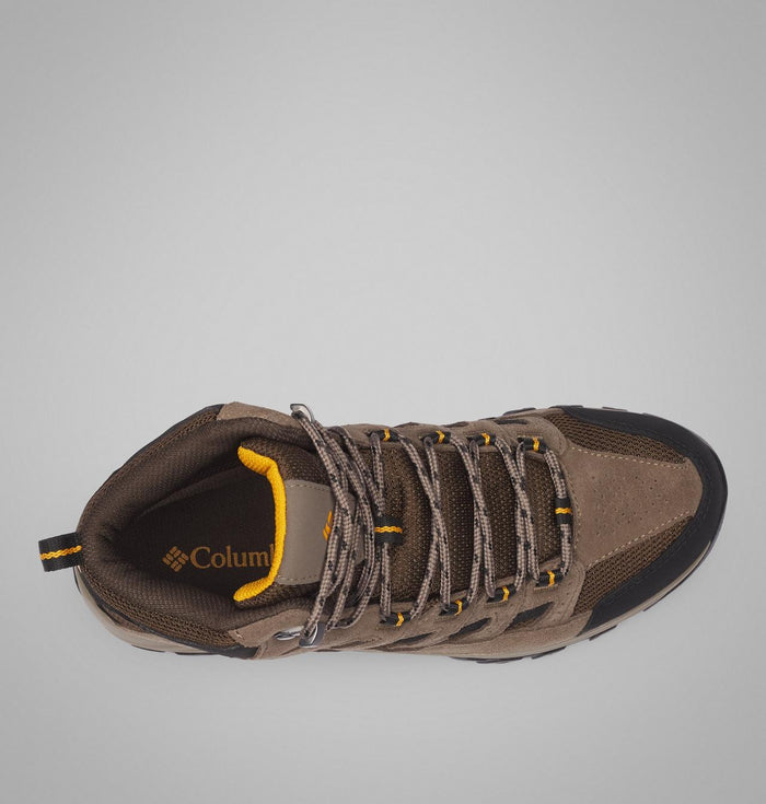 Columbia Crestwood Mid Waterproof hiking boot top view in brown and black with mesh upper, suede overlays, and durable laces