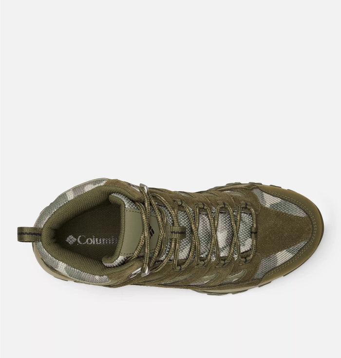 Columbia Crestwood Mid Waterproof hiking boots in green and camouflage mesh with suede overlays and durable lace system, top view.