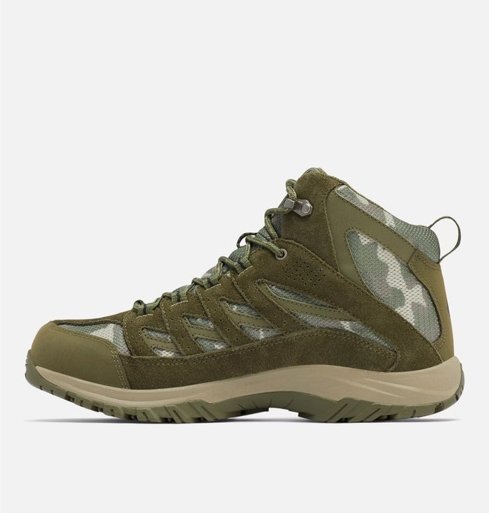 Columbia Crestwood Mid Waterproof hiking boots in olive green and camouflage with suede overlays and mesh panels, side view.