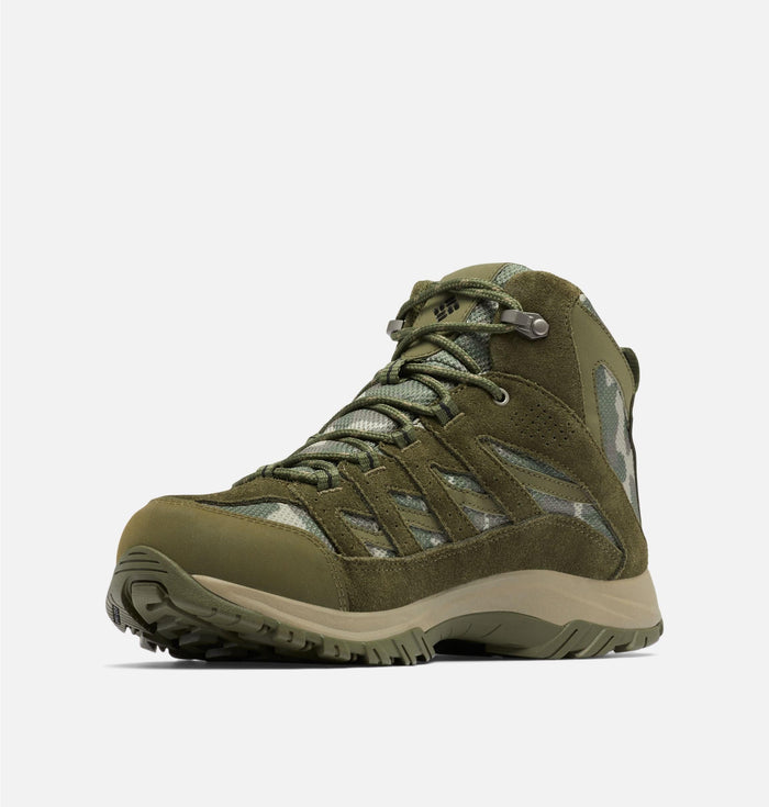 Columbia Crestwood Mid Waterproof hiking boots in olive green with suede overlays, mesh panels, and durable rubber sole, front side view.