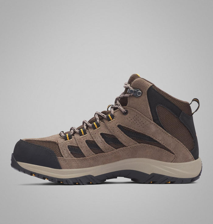 Columbia Crestwood Mid Waterproof hiking boots in brown with suede and mesh upper, black toe cap, and rubber outsole, side view.