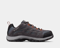 Columbia Crestwood Waterproof hiking shoes in charcoal gray with mesh panels, suede overlays, and orange lace accents, side view.