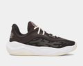 Under Armour Curry Splash 25 basketball shoes in dark brown with mesh upper, white laces, and cushioned outsole, side view.
