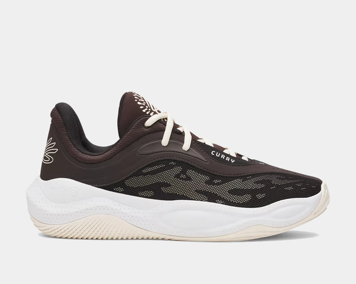 Under Armour Curry Splash 25 basketball shoes in dark brown with mesh upper, white laces, and cushioned outsole, side view.