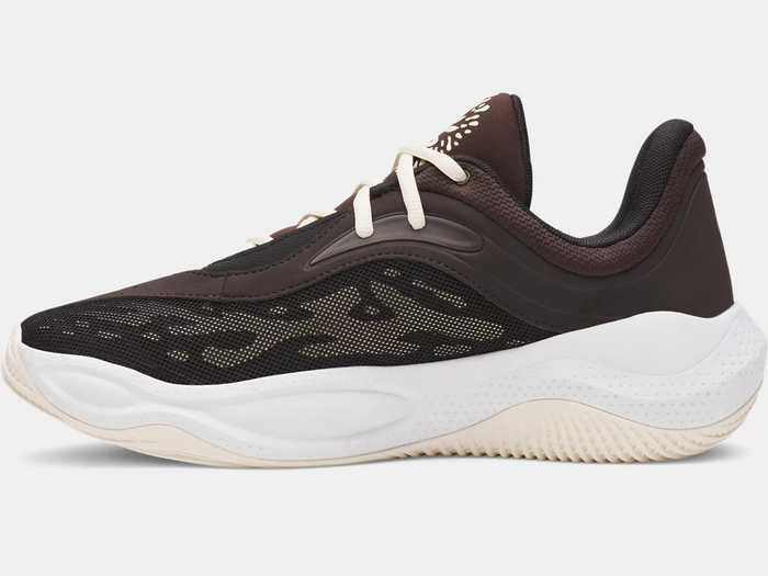 Under Armour Curry Splash 25 basketball shoes in dark brown and black with mesh upper and cream outsole, side view.