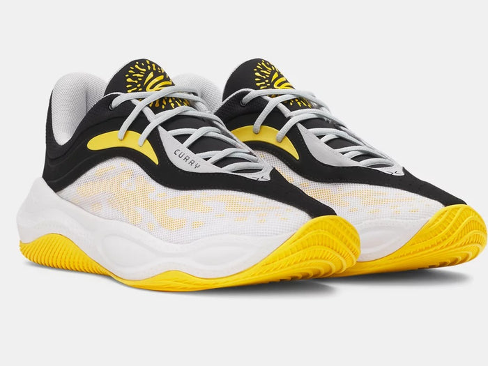 Under Armour Curry Splash 25 basketball shoes with black, white, and yellow design, mesh upper, and bold outsole, front angled view.