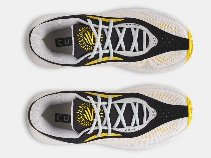 Under Armour Curry Splash 25 basketball shoes top view featuring white mesh upper, black overlays, yellow accents, and secure lace system.