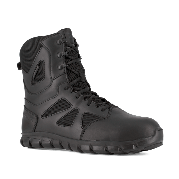 Reebok Work Cushion Tactical 8" Comp Toe Waterproof Boots in black with durable leather and mesh upper, side view.