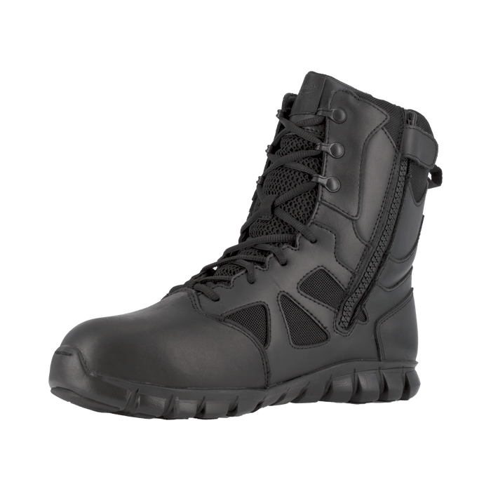 Reebok Work Cushion Tactical 8" Comp Toe Waterproof Boots in black with mesh panels, composite toe, and side zipper, angled side view.