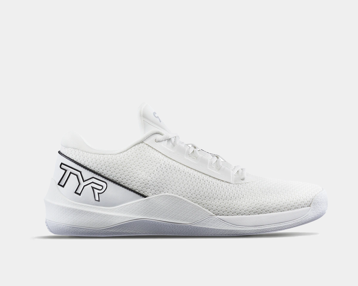TYR CXT-2 Trainer shoes in white with breathable mesh upper and sleek side logo detail, side view.