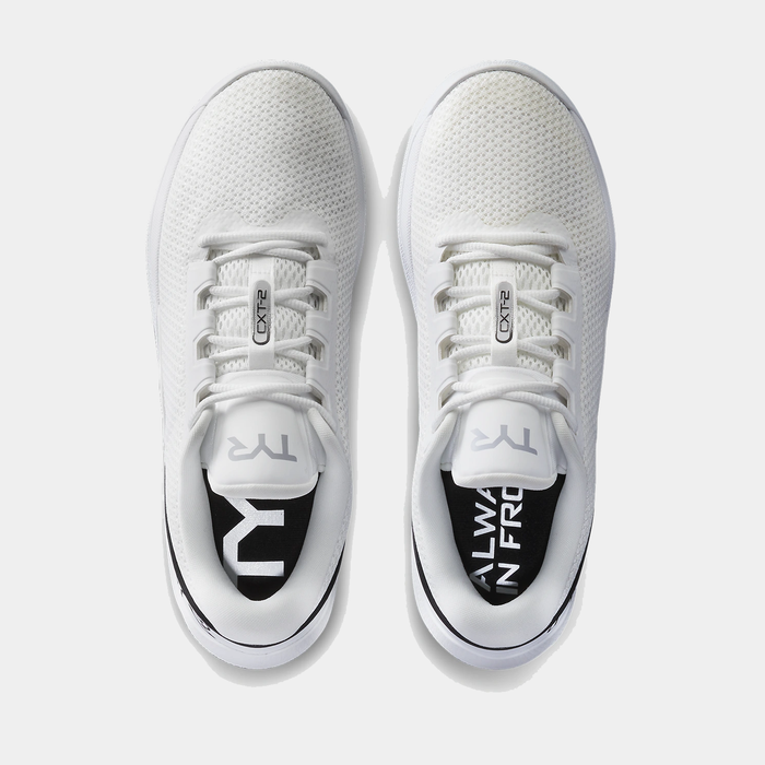 TYR CXT-2 Trainer shoes top view in white with mesh upper, lace-up closure, and branded insoles featuring bold text design.