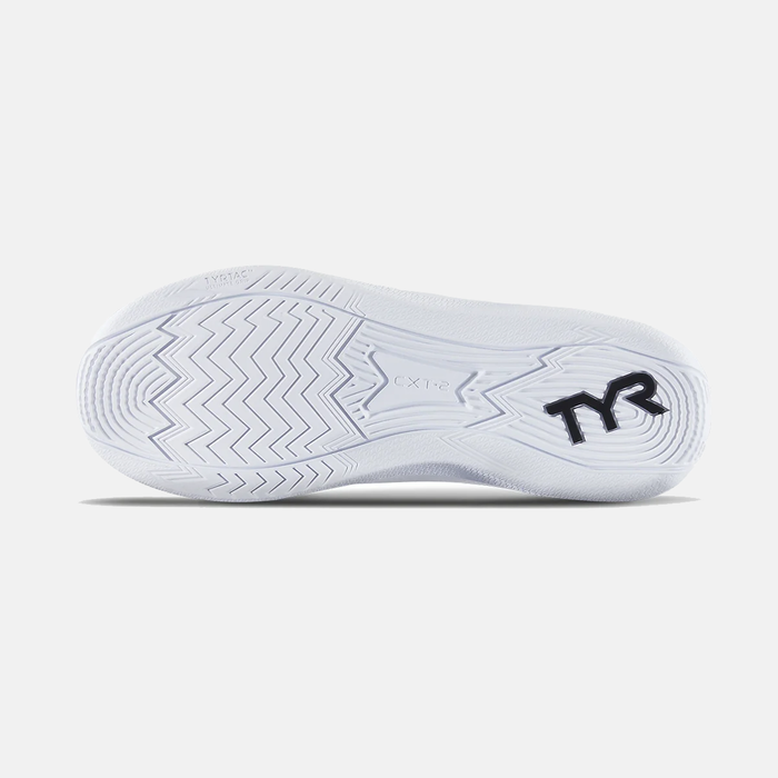 TYR CXT-2 Trainer outsole with textured zigzag tread pattern in white and branded TYR logo, bottom view.