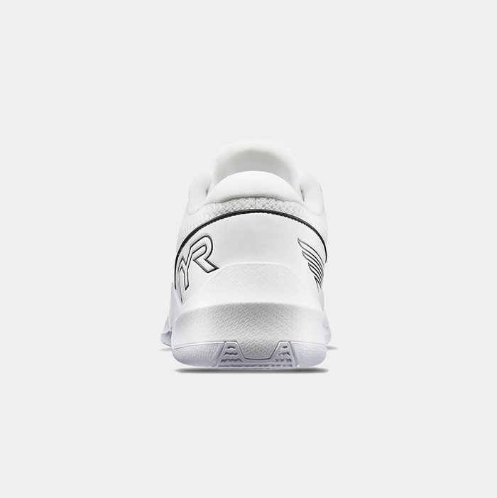 TYR CXT-2 Trainer shoes in white with black logo detailing and textured heel, back view.
