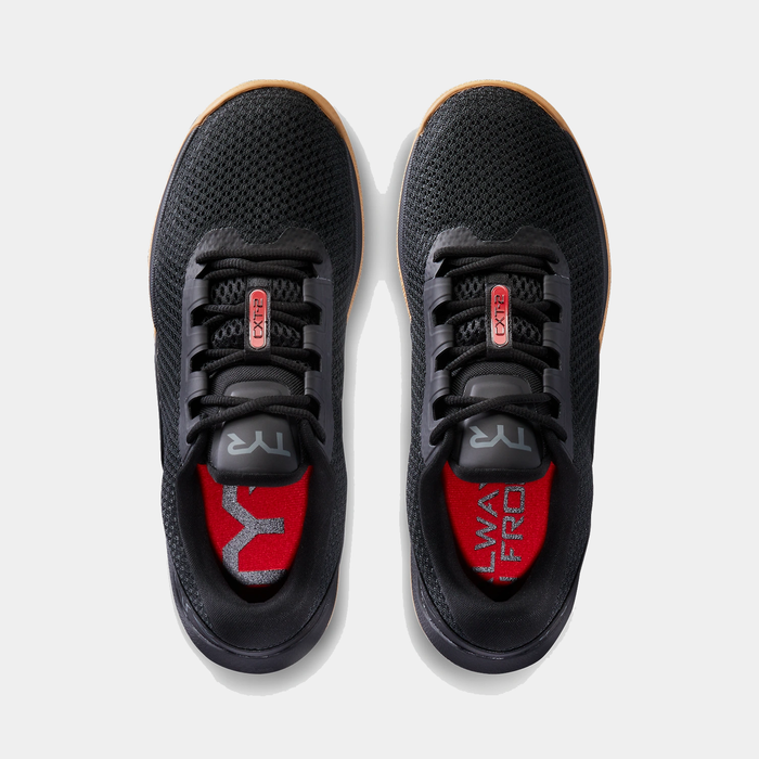 TYR CXT-2 Trainer shoes in black with mesh upper, red tongue accents, and gum sole, top view showing lace system.