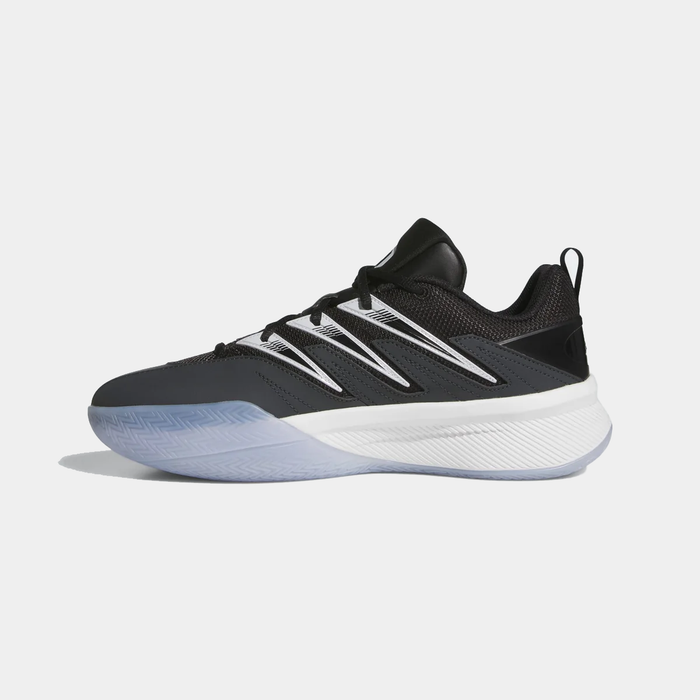 Adidas Dame Certified 3 basketball shoes in black with white accents and translucent outsole, side view.