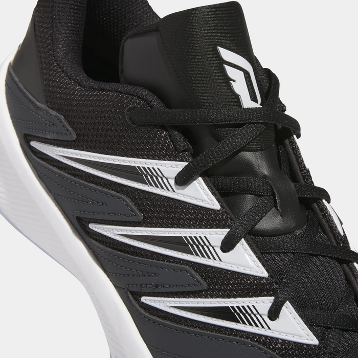 Adidas Dame Certified 3 basketball shoes in black with white accents, mesh upper, and lace-up design, close-up side view.