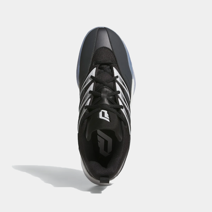 Adidas Dame Certified 3 basketball shoes top view showing black mesh upper, white accents, and lace system