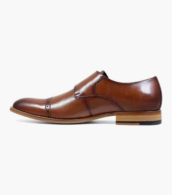 Stacy Adams Desmond Cap Toe Monk Strap dress shoes in polished cognac leather with perforated detailing and wood-grain sole, side view.