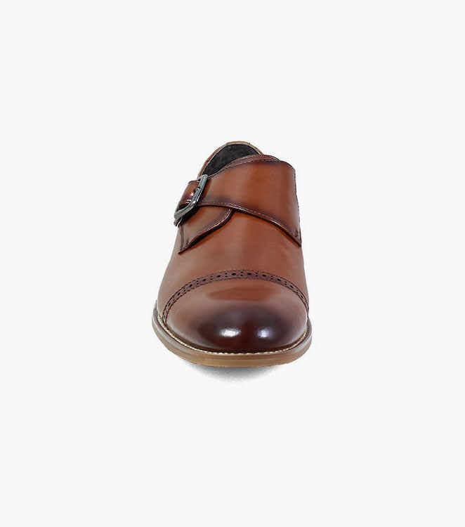Stacy Adams Desmond Cap Toe Monk Strap dress shoe in cognac brown leather with perforated detailing and adjustable strap, front view.