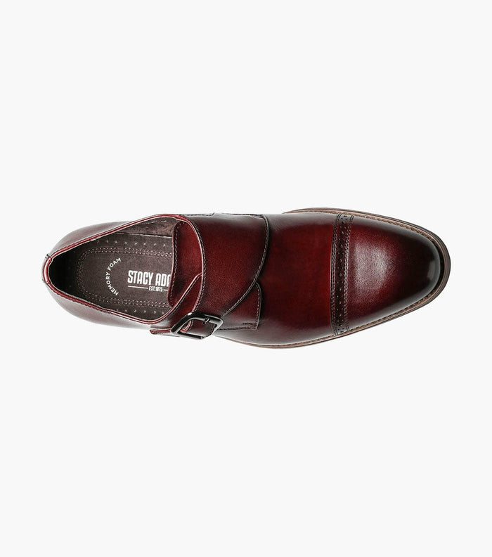 Stacy Adams Desmond Cap Toe Monk Strap shoe in rich burgundy leather with adjustable buckle strap and stitched cap toe detail, top view.