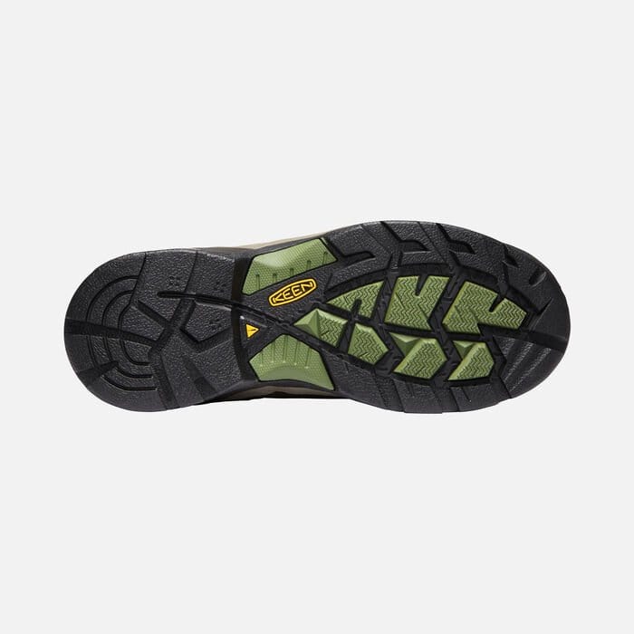 Keen Detroit XT Steel Toe Mid Waterproof Boots outsole in black and green with slip-resistant tread pattern, bottom view.
