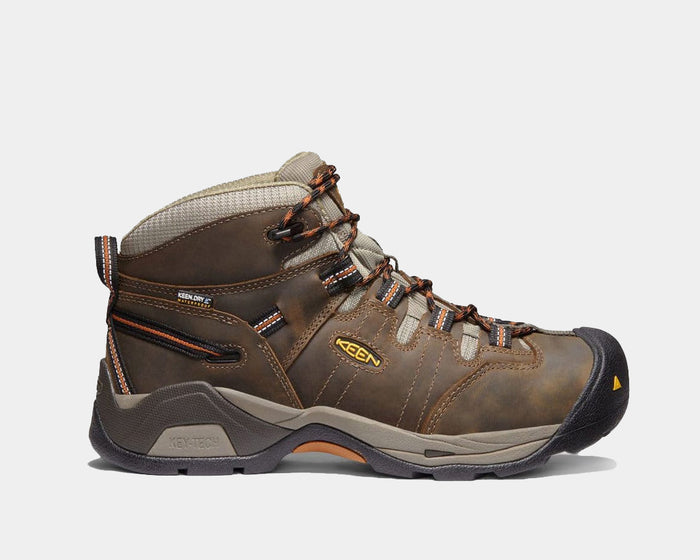 Keen Detroit XT Waterproof Boot in brown leather with KEEN.DRY membrane, safety toe, and rugged outsole, side profile.