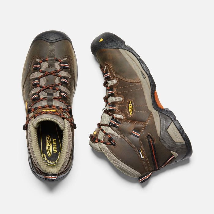 Keen Detroit XT Waterproof Boot in brown leather with reinforced toe, contrast stitching, and durable outsole, top view.
