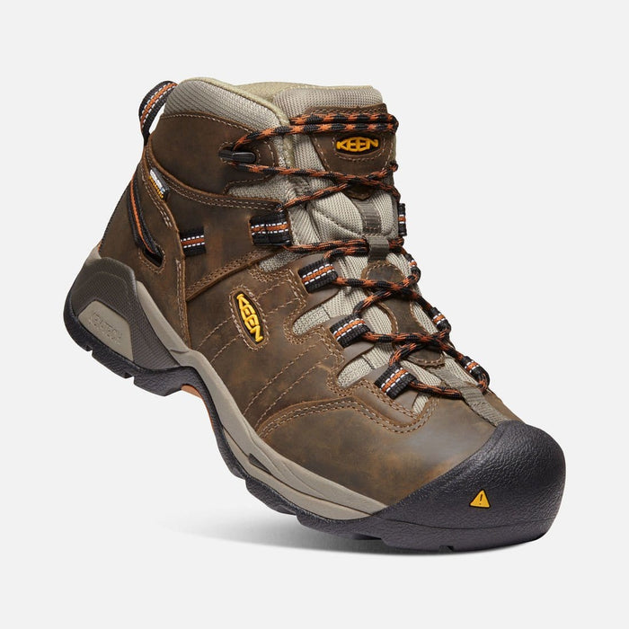 Keen Detroit XT Waterproof Boot in brown with durable leather upper, reinforced toe cap, and secure laces, front side view.