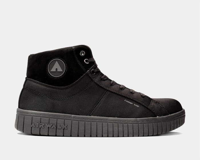 Airwalk Deuce High Top Work Sneaker in black with canvas upper, padded collar, composite toe, and embossed logo, side view.