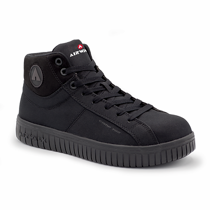 Airwalk Deuce High Top Work Sneaker in black, featuring a durable canvas upper, padded collar, and slip-resistant outsole, side-angle view.