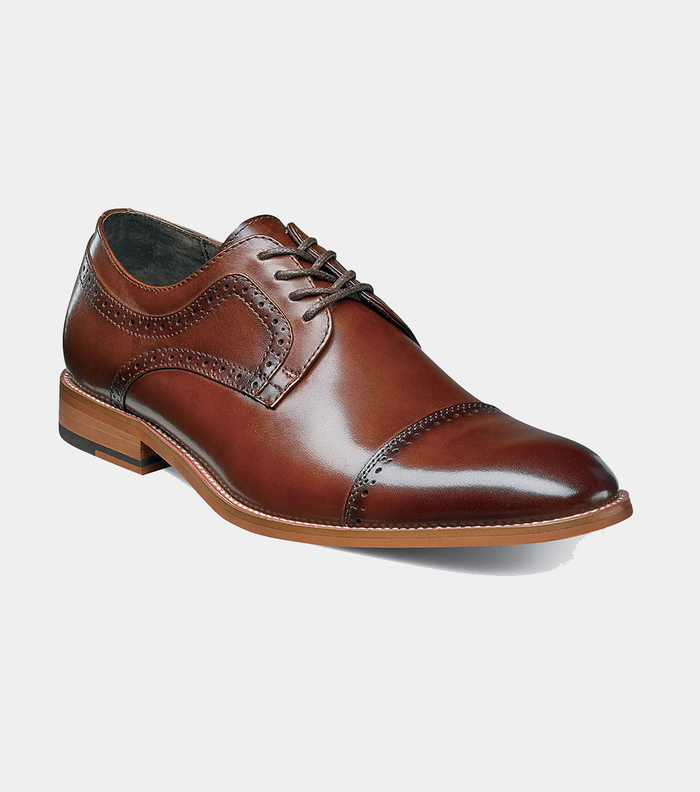 Stacy Adams Dickinson Cap Toe dress shoes in polished brown leather with brogue detailing and stacked heel, angled front view.