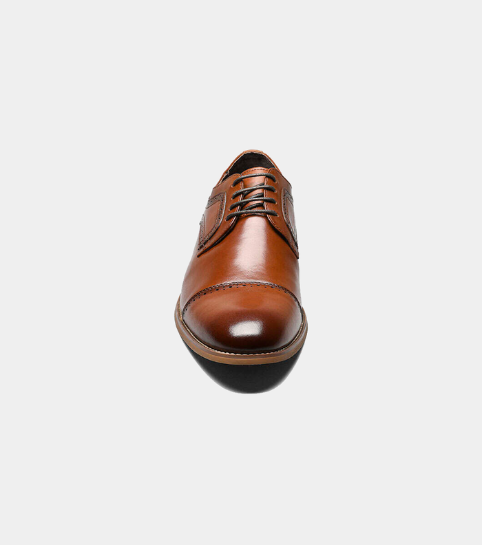 Stacy Adams Dickinson Cap Toe dress shoe in cognac brown leather with lace-up closure and cap toe detail, front view.