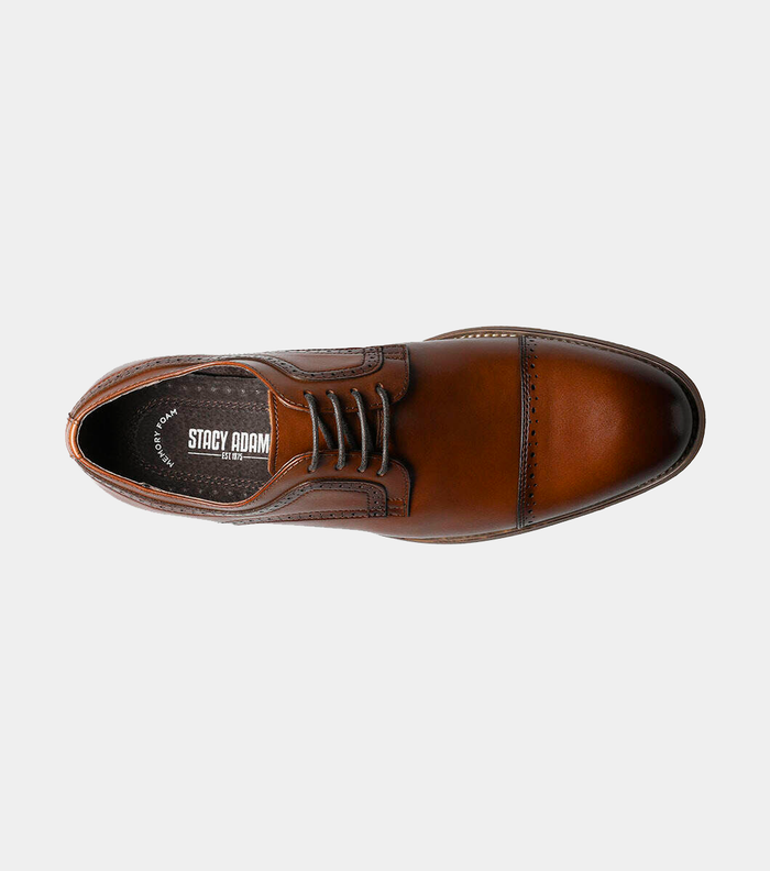 Stacy Adams Dickinson Cap Toe oxford shoe in brown leather featuring a cap toe design and lace-up closure, top view showcasing memory foam insole and sleek stitching.