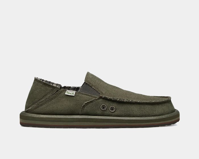 Sanuk Donny Hemp slip-on shoes in olive green with hemp canvas upper, elastic side panels, and stitched detailing, side view.
