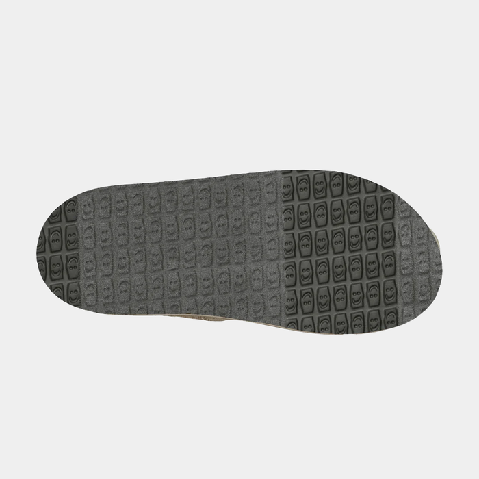 Sanuk Donny Hemp footwear outsole featuring textured smiley face pattern in black rubber, sole/bottom view.