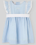 Light blue dress with white trim on a gray background