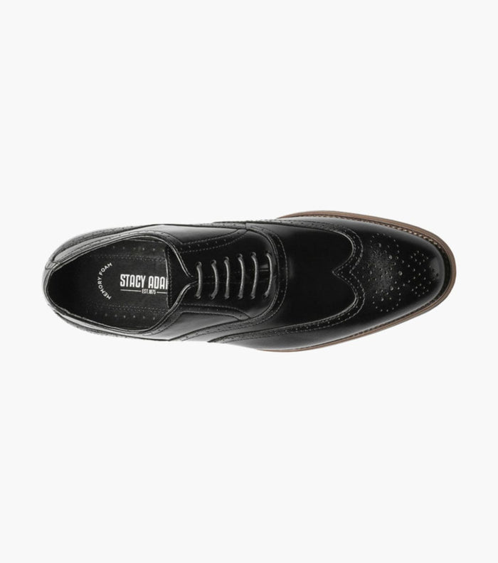 Stacy Adams Dunbar Wingtip Oxford dress shoe top view in black leather with brogue detailing and brown sole.