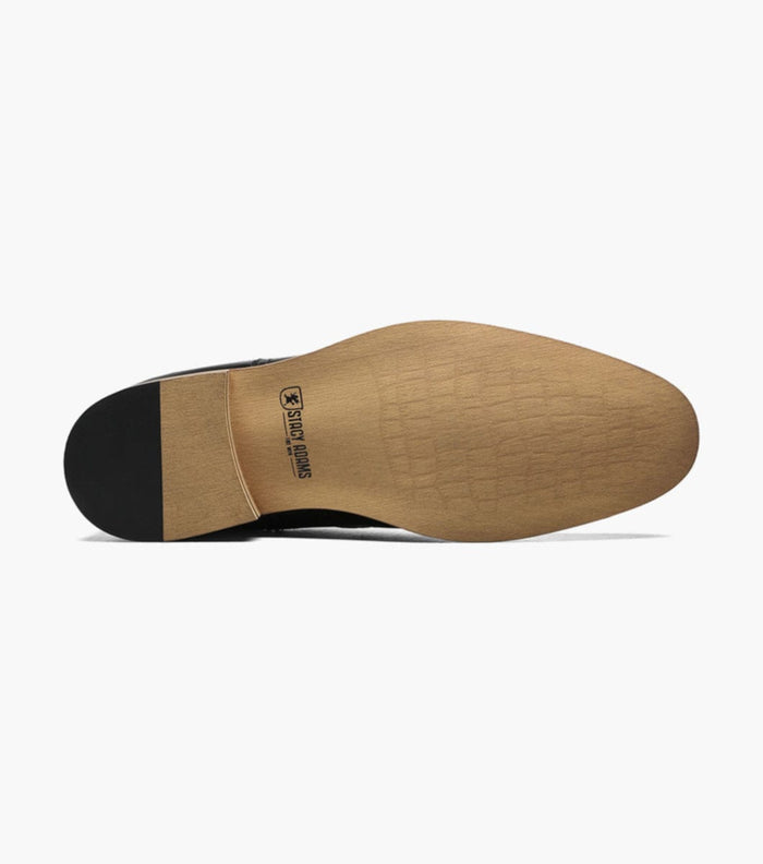 Stacy Adams Dunbar Wingtip Oxford outsole showing tan wood finish with black heel and Stacy Adams branding.